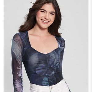 Guess Tropical Print Mesh Long Sleeve Top 🩵🦋💜🌴